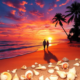 A vibrant and dreamy landscape featuring a beautiful sunset over a calm ocean, with gentle waves lapping at a sandy beach