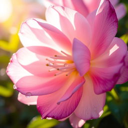 A stunning close-up of a blooming flower, illuminated by soft natural light, showcasing delicate petals in shades of pink and white