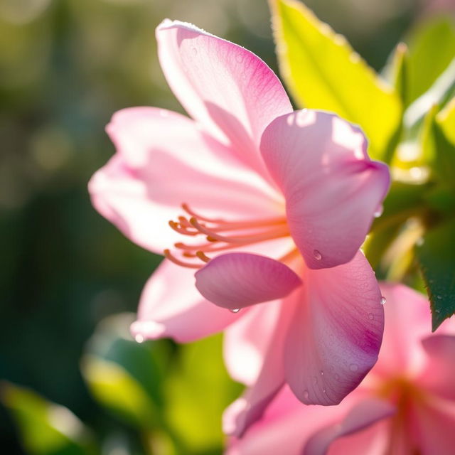 A stunning close-up of a blooming flower, illuminated by soft natural light, showcasing delicate petals in shades of pink and white