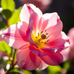 A stunning close-up of a blooming flower, illuminated by soft natural light, showcasing delicate petals in shades of pink and white