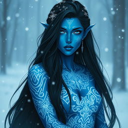 A tall blue-skinned female tiefling with striking features, showcasing her beautiful long black hair cascading down her shoulders