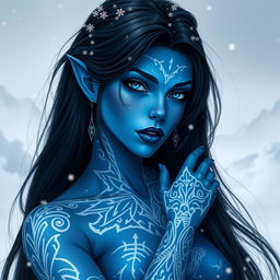 A tall blue-skinned female tiefling with striking features, showcasing her beautiful long black hair cascading down her shoulders