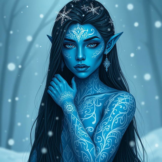 A tall blue-skinned female tiefling with striking features, showcasing her beautiful long black hair cascading down her shoulders