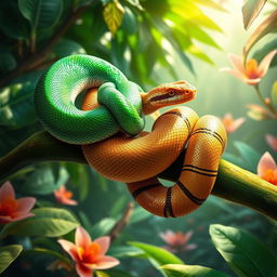 A vibrant jungle scene showcasing a male and female snake intertwined on a lush green branch