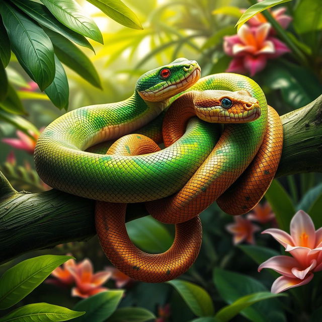 A vibrant jungle scene showcasing a male and female snake intertwined on a lush green branch