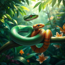 A vibrant jungle scene showcasing a male and female snake intertwined on a lush green branch