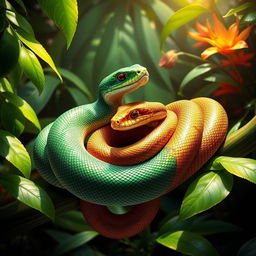 A vibrant jungle scene showcasing a male and female snake intertwined on a lush green branch