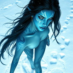 A stunning female tiefling with blue skin and striking white tattoos scattered across her body