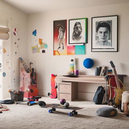 A spacious teenager's bedroom with neutral tones. Sports equipment lies casually around, a sleek desk occupies one corner for study, a bed with stylish linens, a skateboard, a guitar stand, and music and movie posters adorning the walls.