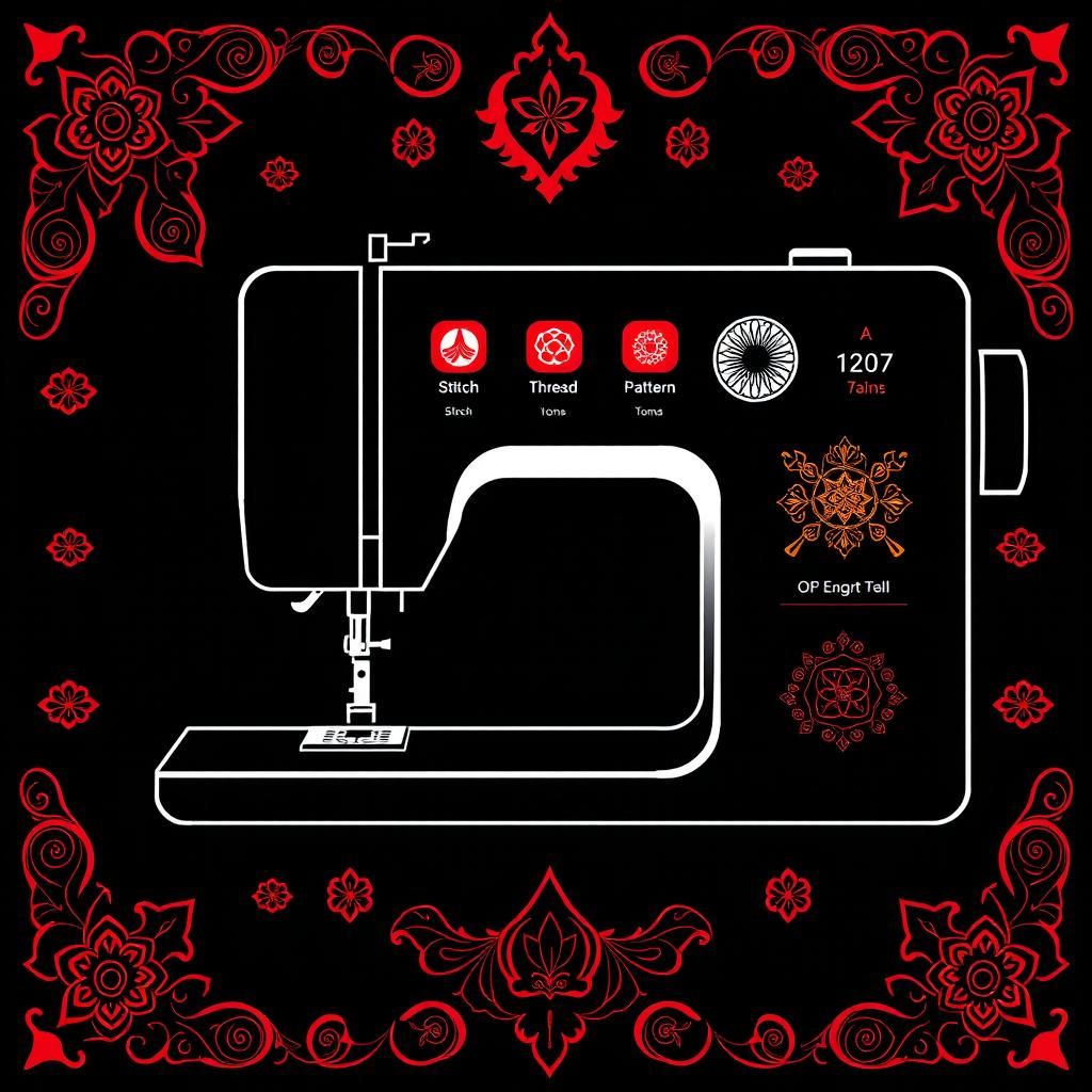 A sleek and modern UI design for a sewing machine touchscreen, featuring Iranian traditional elements and patterns in a minimalistic and line art style