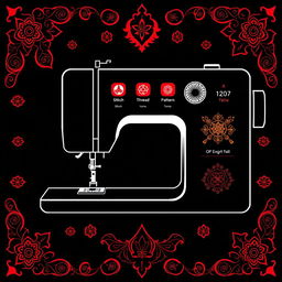 A sleek and modern UI design for a sewing machine touchscreen, featuring Iranian traditional elements and patterns in a minimalistic and line art style