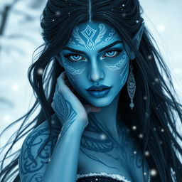 A stunning female tiefling with blue skin and youthful features, adorned with intricate white tattoos