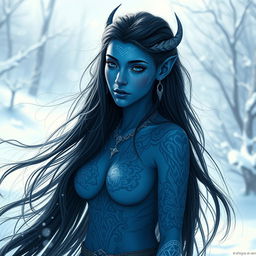 A stunning female tiefling with blue skin and youthful features, adorned with intricate white tattoos