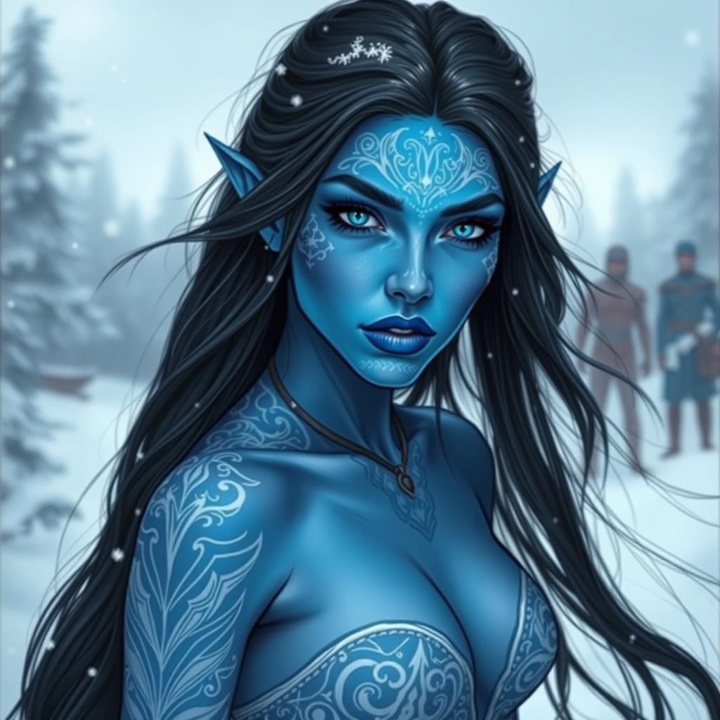 A stunning female tiefling with blue skin and youthful features, adorned with intricate white tattoos