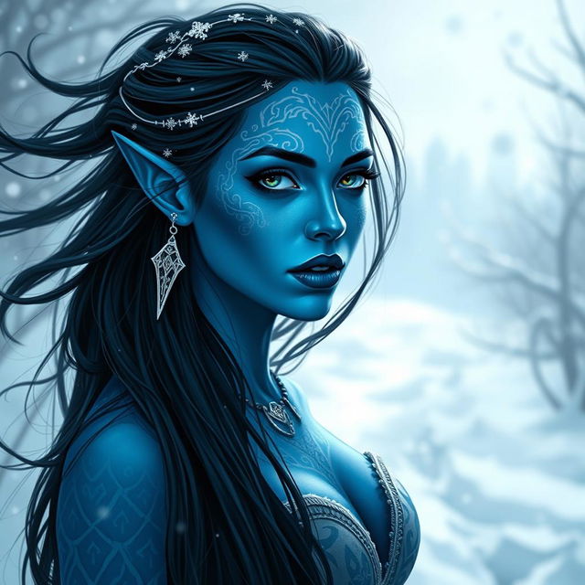 A stunning female tiefling with blue skin and youthful features, adorned with intricate white tattoos