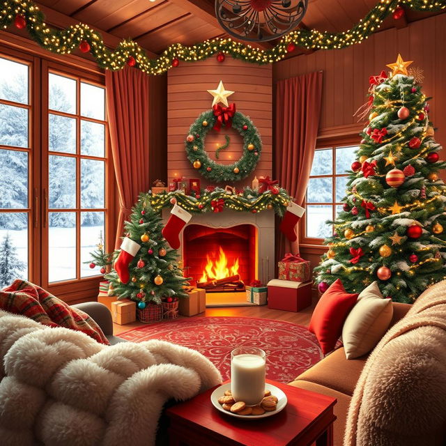 A cozy Christmas scene featuring a beautifully decorated living room