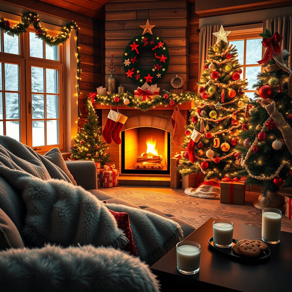 A cozy Christmas scene featuring a beautifully decorated living room