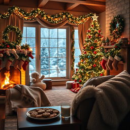 A cozy Christmas scene featuring a beautifully decorated living room
