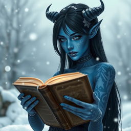 A stunning blue-skinned female tiefling with young, elegant features