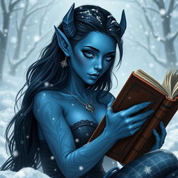 A stunning blue-skinned female tiefling with young, elegant features
