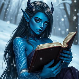 A stunning blue-skinned female tiefling with young, elegant features