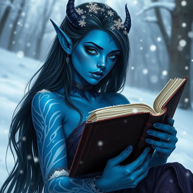 A stunning blue-skinned female tiefling with young, elegant features