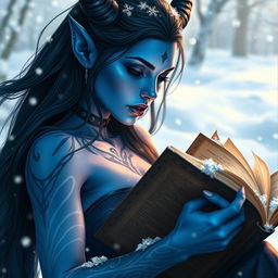 A stunning blue-skinned female tiefling with young, elegant features