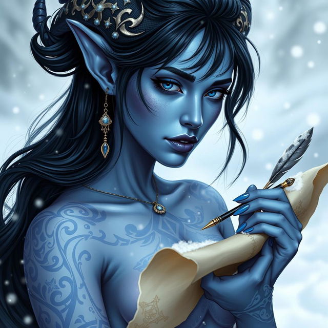 A stunning female tiefling with blue skin and striking black hair, featuring intricate white tattoos that elegantly adorn her body