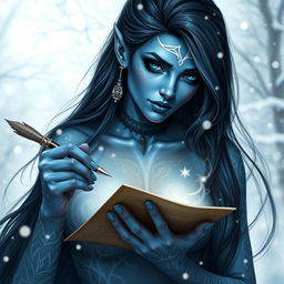 A stunning female tiefling with blue skin and striking black hair, featuring intricate white tattoos that elegantly adorn her body