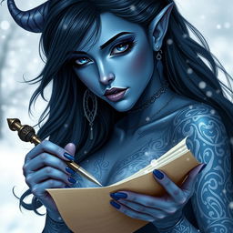 A stunning female tiefling with blue skin and striking black hair, featuring intricate white tattoos that elegantly adorn her body