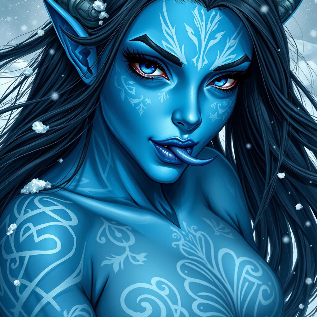 A stunning depiction of a blue-skinned female tiefling with beautiful, high-resolution details