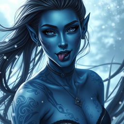 A stunning depiction of a blue-skinned female tiefling with beautiful, high-resolution details