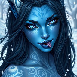 A stunning depiction of a blue-skinned female tiefling with beautiful, high-resolution details