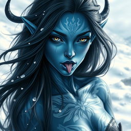 A stunning depiction of a blue-skinned female tiefling with beautiful, high-resolution details