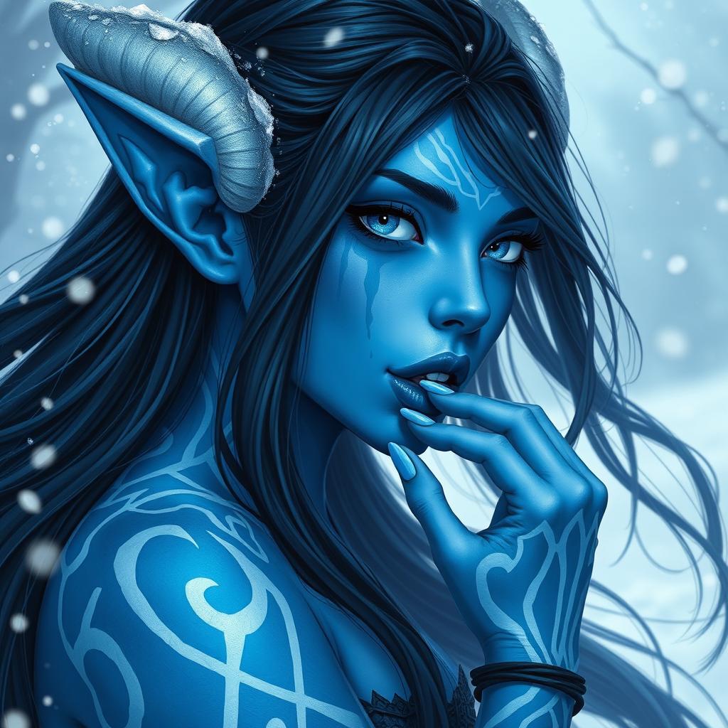 A blue-skinned female tiefling with young, youthful features and striking white tattoos adorning her skin