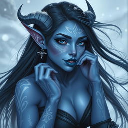 A blue-skinned female tiefling with young, youthful features and striking white tattoos adorning her skin