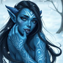 A blue-skinned female tiefling with young, youthful features and striking white tattoos adorning her skin