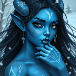 A blue-skinned female tiefling with young, youthful features and striking white tattoos adorning her skin