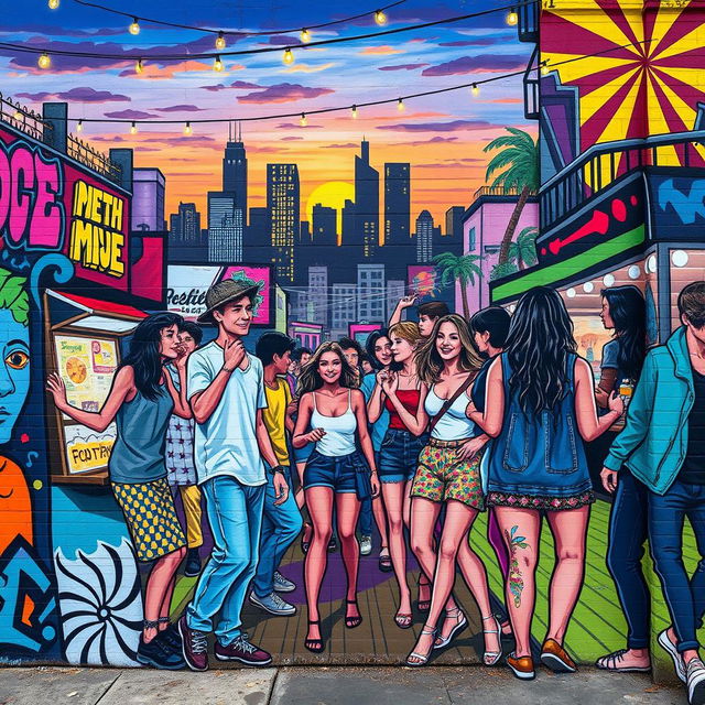 A striking and colorful street art mural depicting a vibrant urban scene with young adults enjoying a summer festival