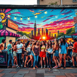 A striking and colorful street art mural depicting a vibrant urban scene with young adults enjoying a summer festival
