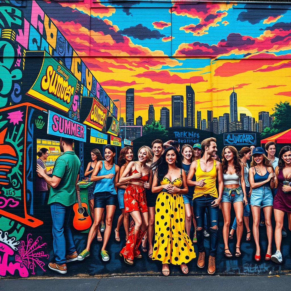 A striking and colorful street art mural depicting a vibrant urban scene with young adults enjoying a summer festival