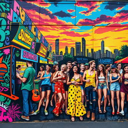 A striking and colorful street art mural depicting a vibrant urban scene with young adults enjoying a summer festival