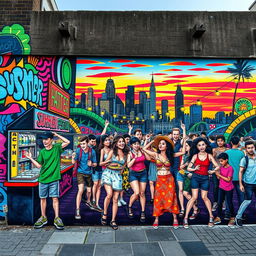 A striking and colorful street art mural depicting a vibrant urban scene with young adults enjoying a summer festival