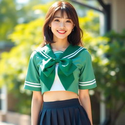 A cheerful, beautiful, sexy young Japanese woman standing outdoors in a bright and sunny setting, with blurred greenery in the background