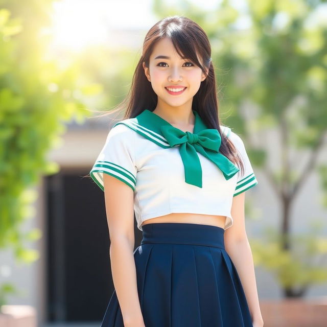 A cheerful, beautiful, sexy young Japanese woman standing outdoors in a bright and sunny setting, with blurred greenery in the background