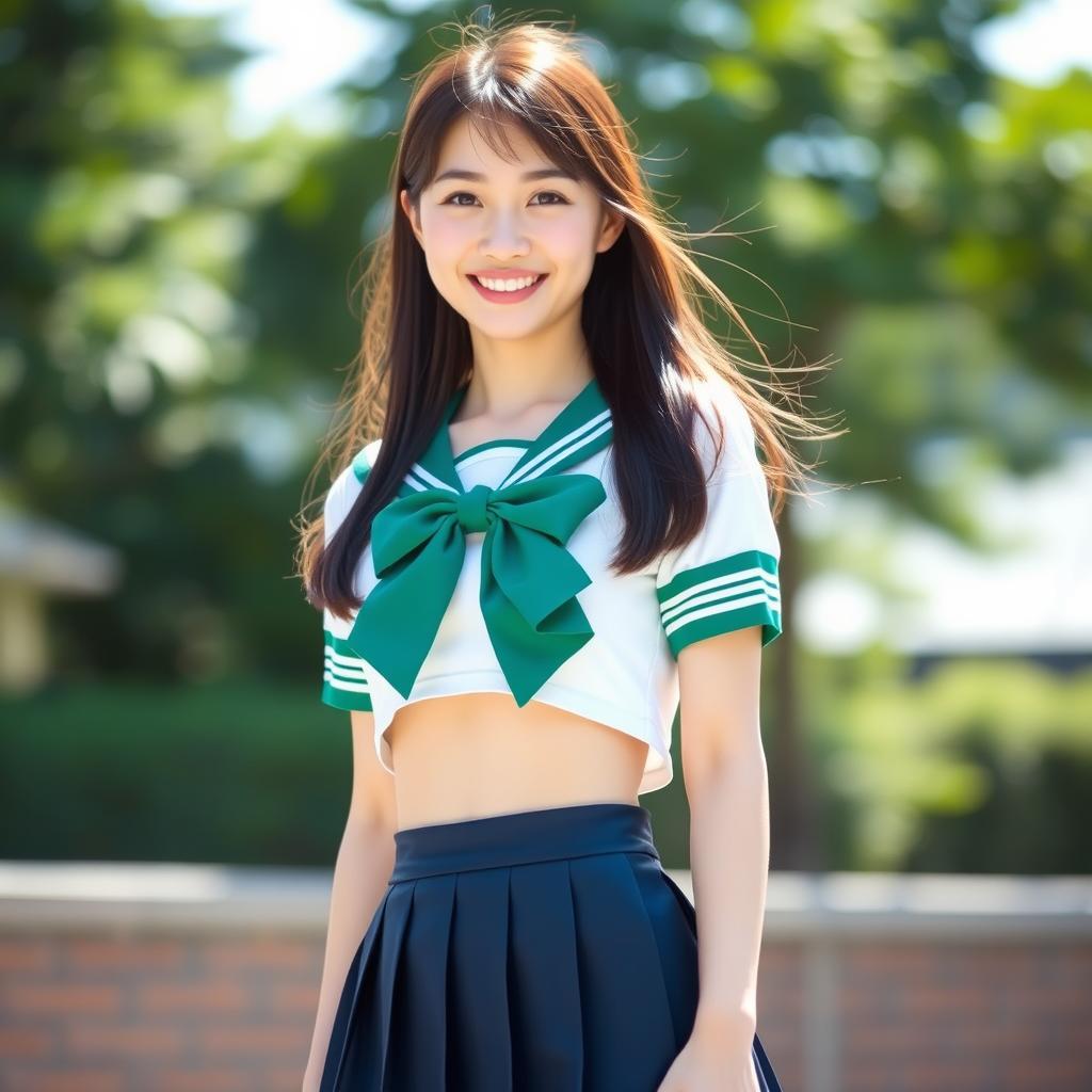 A cheerful, beautiful, sexy young Japanese woman standing outdoors in a bright and sunny setting, with blurred greenery in the background