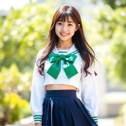 A cheerful, beautiful, sexy young Japanese woman standing outdoors in a bright and sunny setting, with blurred greenery in the background