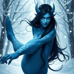 A stunning portrait of a blue-skinned female tiefling with elegant white tattoos adorning her body