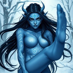 A stunning portrait of a blue-skinned female tiefling with elegant white tattoos adorning her body