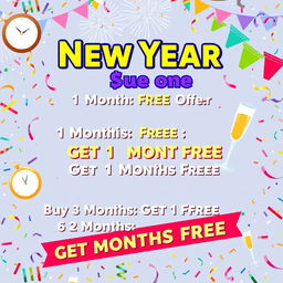 A vibrant and festive graphic displaying New Year offer details in an eye-catching and celebratory style